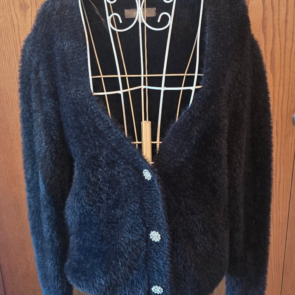 Marled Reunited Clothing Black Fuzzy Eyelash Cardigan Sweater M Crystal Buttons